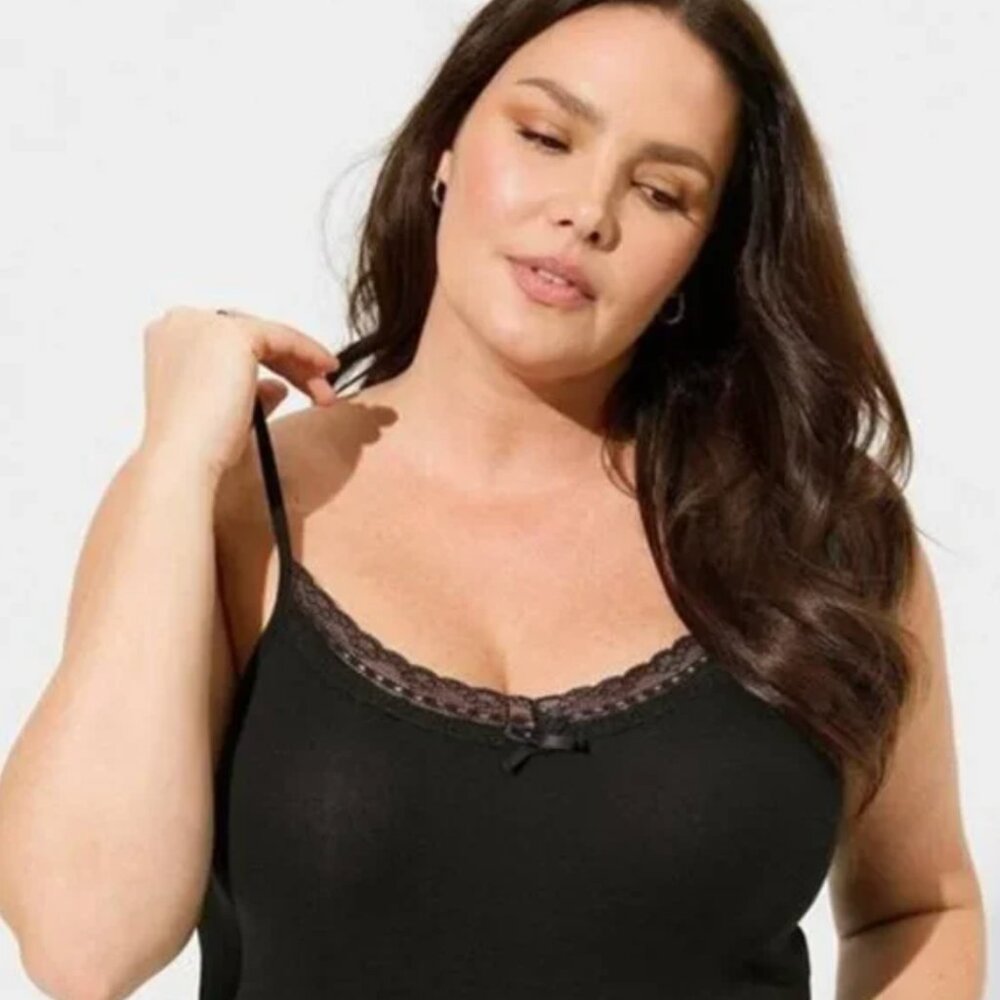 Torrid Cotton Modal Rib Lace V-Neck Cami bow black NWT